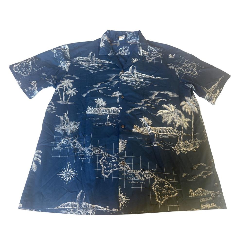 Vintage Royal Creations Mens XL Hawaiian Map Print Button Down Shirt Navy Resort